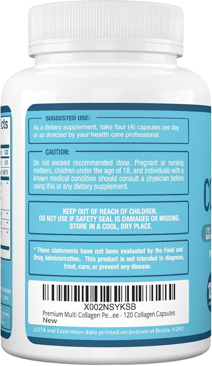 Premium Multi Collagen Peptides (Types I, II, II, V, X) - Collagen Pills for Skin Care, Hair Growth, Nails & Joints - Vitamin C, Hyaluronic Acid, Biotin, Gluten Free - 120 Collagen Capsules