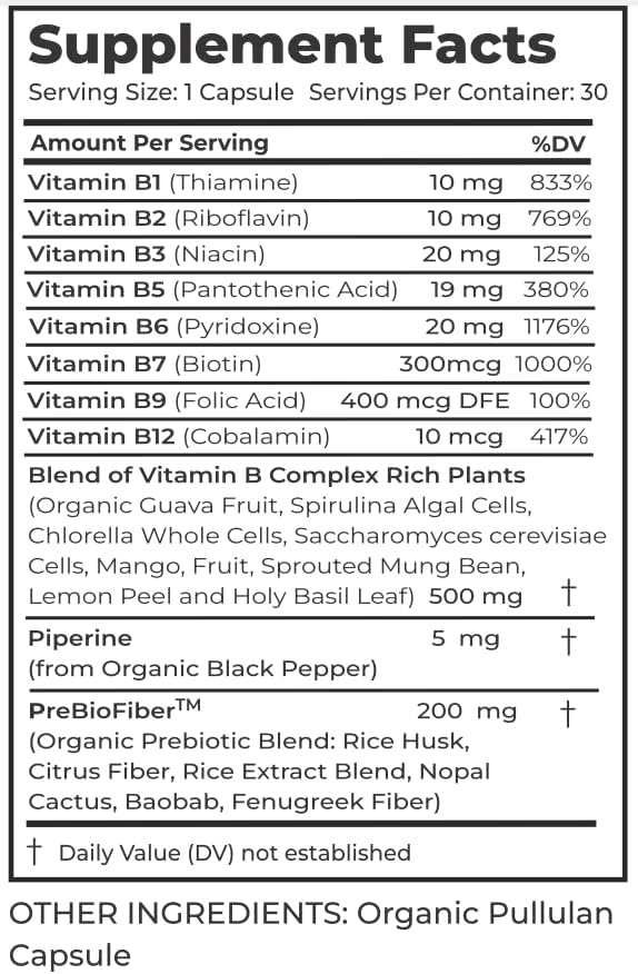 Organic Vitamin B Complex Supplement - for Women and Men - Vegan, Gluten-Free, Non-GMO - 1-Month Supply - 30 Capsules - Premium Dietary Supplement