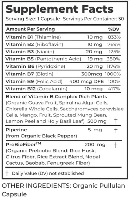 Organic Vitamin B Complex Supplement - for Women and Men - Vegan, Gluten-Free, Non-GMO - 1-Month Supply - 30 Capsules - Premium Dietary Supplement