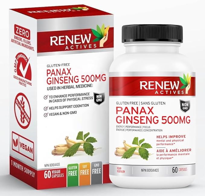 RENEW ACTIVES Panax Ginseng 1000MG per 2 Capsules – Boosts Physical & Cognitive Health, Enhances Energy, Supports Mental Clarity & Focus, Promotes Performance & Vitality – Made in Canada – 60 Capsules
