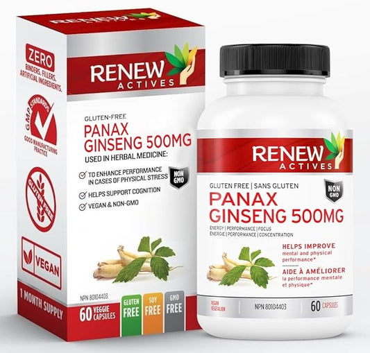 RENEW ACTIVES Panax Ginseng 1000MG per 2 Capsules – Boosts Physical & Cognitive Health, Enhances Energy, Supports Mental Clarity & Focus, Promotes Performance & Vitality – Made in Canada – 60 Capsules