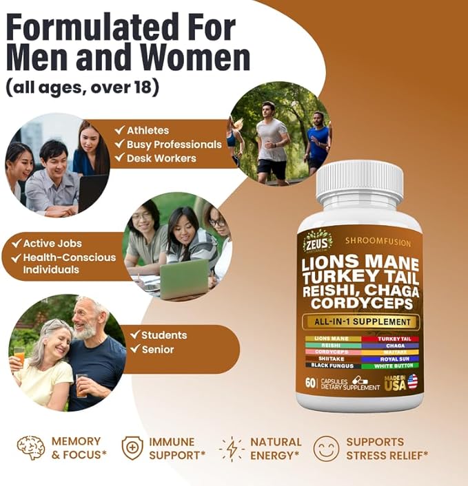 Lions Mane 300mg Turkey Tail 2000mg Cordyceps Chaga 1000mg Reishi 1000mg Maitake Meshima Poria Cocos Shiitake Oyster Porcini Enoki Mushroom Supplement (60Ct)