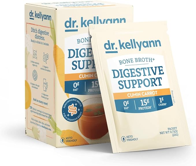 Dr. Kellyann Bone Broth + Digestive Support Collagen Powder Packets (7 Servings, 1 Box), 16g Protein/Serving, 100% Grass-Fed Hydrolyzed Collagen Powder, Keto & Paleo Friendly - Cumin Carrot