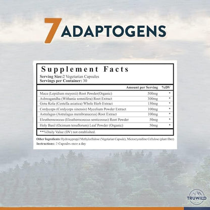 TruWild Adaptogens Vegan Capsule Supplement w/Ashwagandha + Maca w/Full Spectrum Mushrooms – All Natural – 60 Servings