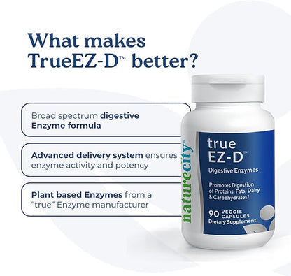 NatureCity True-EZ-D Non-GMO Digestive Enzyme Complex Supplement for Digestive Health and Bloating Relief for Men and Women (90 Veggie Capsules) Super Enzymes