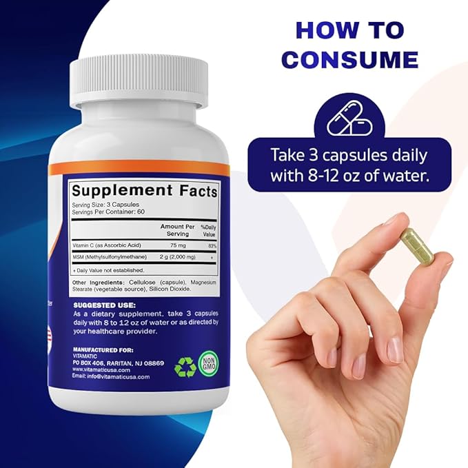 Vitamatic MSM 2000 mg with Vitamin C 75mg per Serving - 180 Veg Capsules - Vitamin C Aid in Better absopriton of MSM (Methylsulfonylmethane) - Non-GMO & Gluten Free