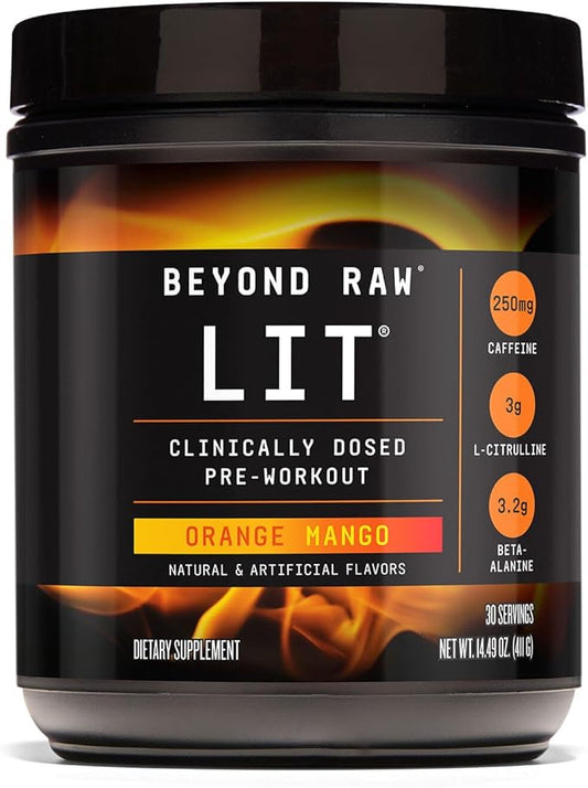 BEYOND RAW LIT Pre Workout Powder Supplement for Men and Women, Energy, Focus, Endurance, Pumps, Nitric Oxide Boost, 250mg Caffeine, Creatine, Beta Alanine, Orange Mango, 30 Servings
