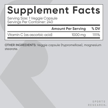 Sports Research Vitamin C 1000mg - Non-GMO Project Verified Ascorbic Acid Vitamin C Supplement for Immune Support & Antioxidant Protection | Vegan Friendly, 8 Month Supply (240 Count)