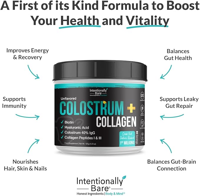 Intentionally Bare Colostrum and Collagen Powder - Colostrum Supplement with Biotin and Collagen Peptides - Colostrum Powder for Skin, Joint & Gut Health - Unflavored Collagen Supplements 60 Servings