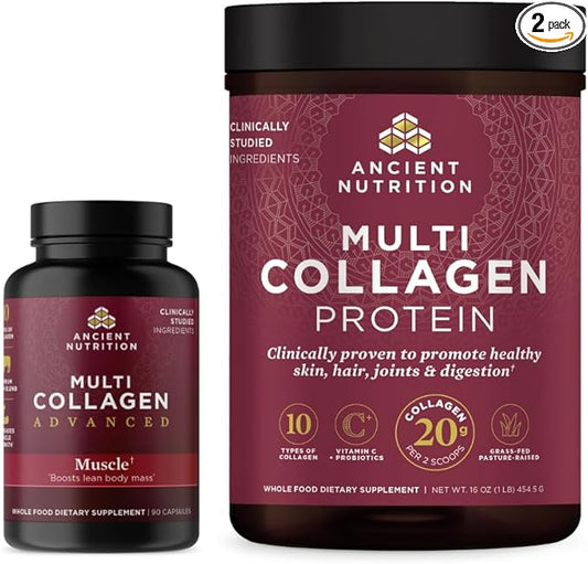 Ancient Nutrition Multi Collagen Advanced Capsules, Muscle, 90 Count + Multi Collagen Protein Powder, Unflavored, 45 Servings