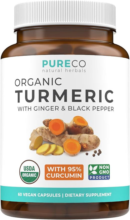 USDA Organic Turmeric Curcumin with Black Pepper and Ginger (2 Month Supply) Joint Support Supplement with Tumeric and Ginger Root Powder - Organic Turmeric Supplement - 60 Vegan Capsules (No Pills)