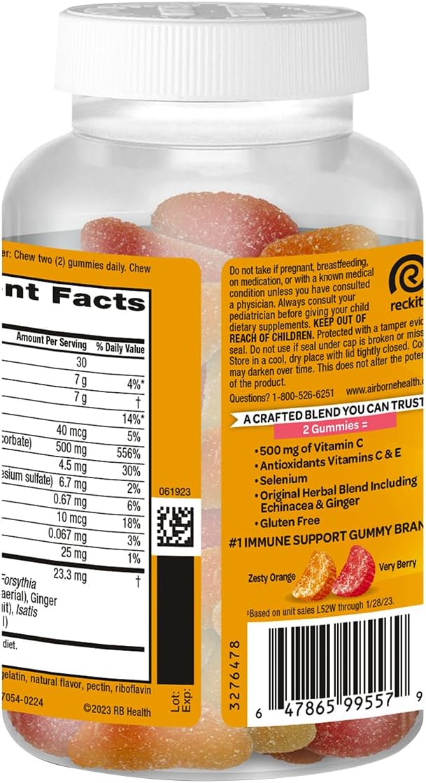 Airborne Kids 500mg Vitamin C Gummies, Kids Immune Support Zinc Gummies with Powerful Antioxidants VIT C & E - 63 Gummies, Assorted Fruit Flavor (Pack of 3)