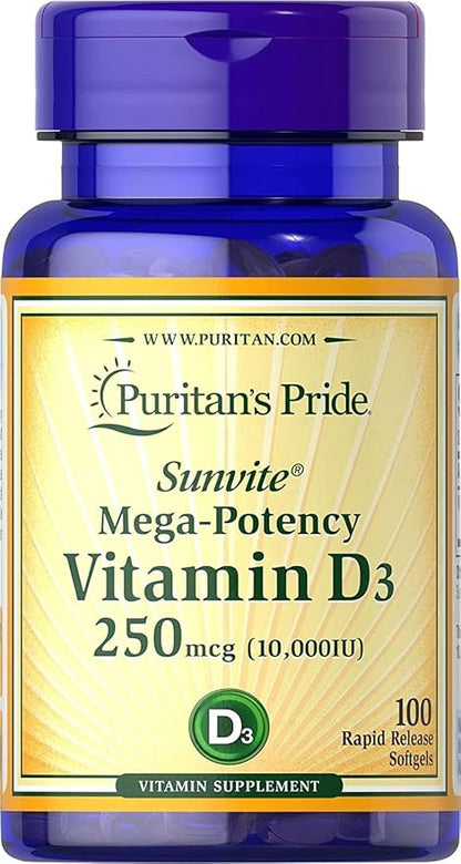 Puritan's Pride Vitamin D3 10,000 IU, Twin Pack 200 Total Count, 100 Count (Pack of 2)