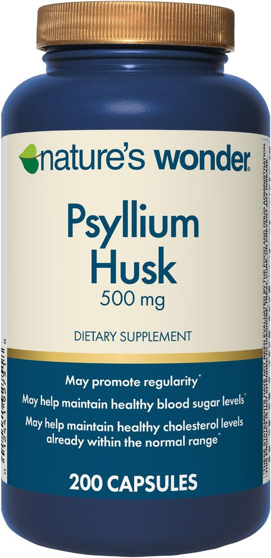 Nature's Wonder Psyllium Husk 500 mg Capsules for Digestive Health, Plant-Based Fiber, 200 Count