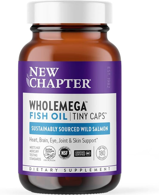 New Chapter Wholemega Fish Oil Supplement - Wild Alaskan Salmon Oil with Omega-3 + Vitamin D3 + Astaxanthin + Sustainably Caught - 180 ct Tiny Caps, 500mg Softgels