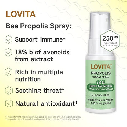 Lovita Propolis Throat Spray, 18% Bioflavonoids, Immune Support, Alcohol-Free, Gentle and Tasty, 1 Fl Oz