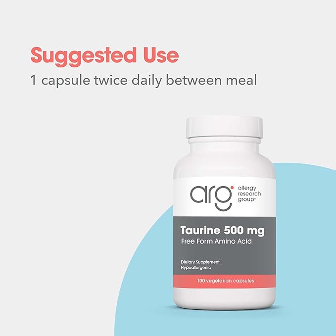 Allergy Research Group Taurine 500mg Supplement - Cardiovascular Support, Free Form Amino Acid, Pure, Organic, Vegetarian Capsules - 100 Count