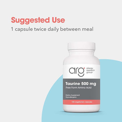 Allergy Research Group Taurine 500mg Supplement - Cardiovascular Support, Free Form Amino Acid, Pure, Organic, Vegetarian Capsules - 100 Count