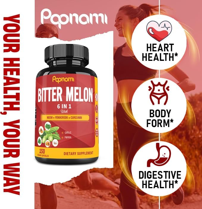 Organic Bitter Melon Extract Capsules - Combined Neem, Fenugreek, Curcumin, Garlic & Papaya - 150 Count for 5 Months - Supports Body, Digestive, Skin, Immune & Overall Wellness