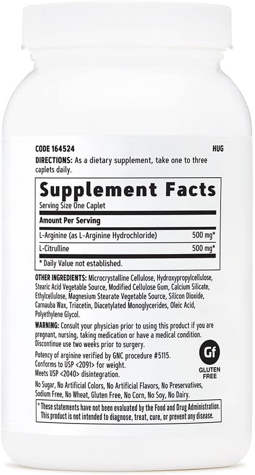 GNC L Arginine + L Citrulline 500mg Each Supplement, Supports Nitric Oxide Production and Healthy Blood Vessel Tone, 120 Servings
