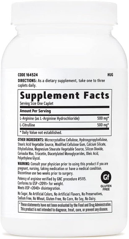 GNC L Arginine + L Citrulline 500mg Each Supplement, Supports Nitric Oxide Production and Healthy Blood Vessel Tone, 120 Servings