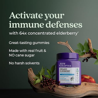 New Chapter Elderberry Gummies for Adults & Kids (2+), USDA Organic 64x Concentrated Elderberry for Immune Support, Great-Tasting Whole-Food Gummies, Vegan & Non-GMO - 60 ct