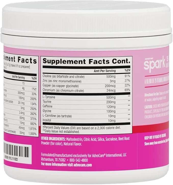 AdvoCare Spark Vitamin & Amino Acid Supplement - Focus & Energy Drink Powder Mix with Vitamin A, B-6, C & E - Also Includes L-Carnitine & L-Tyrosine - Pink Lemonade - 10.5 oz