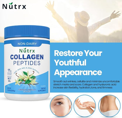 Collagen Peptides Powder Vanilla - Sugar Free, Non-Dairy Collagen Protein Powder - Dissolves Easy, No Clumps Collagen Powder with Vital Proteins, Collagen Protein Supplements - by Nutrx