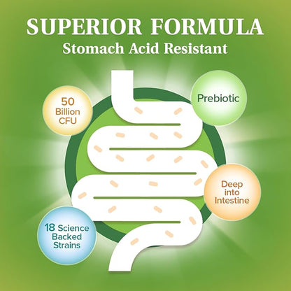 Probiotics 50 Billion per Serving, 18 Probiotic Strains, 60 Veggie Capsules - Non-GMO, Gluten Free