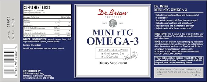 Dr.Brian Omega 3 Fish Oil 580mg per Pill, 3X Absorption rTG EPA DHA Omega 3 Supplement, Easy Swallow Mini Fish Oil Softgels for Heart, Brain, Eyes, Immune Healthy - Lemon Flavored, 130 Count