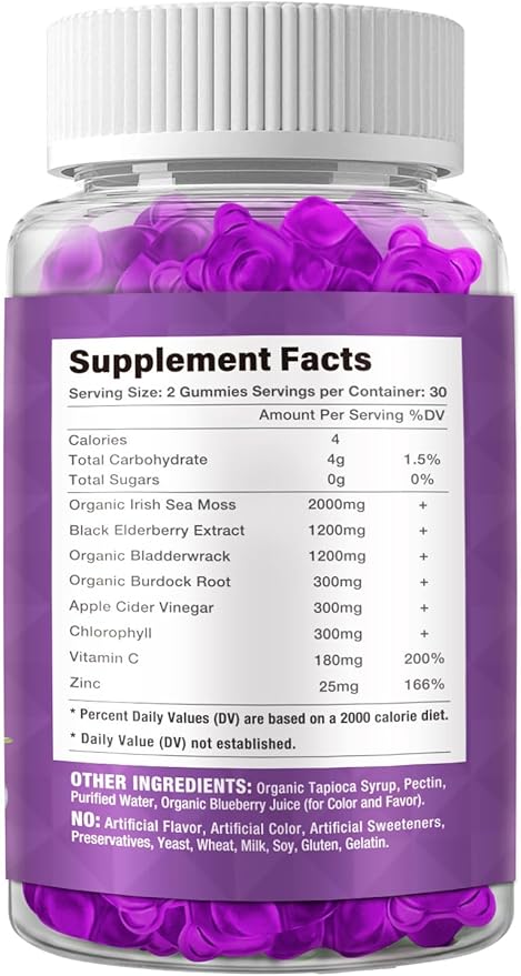 Sea Moss Gummies & Elderberry - Vitamin C + Zinc – Strength Immune & Thyroid Support Booster Gummy Bears for Kids & Adults - 60 Natural Seamoss Gummies