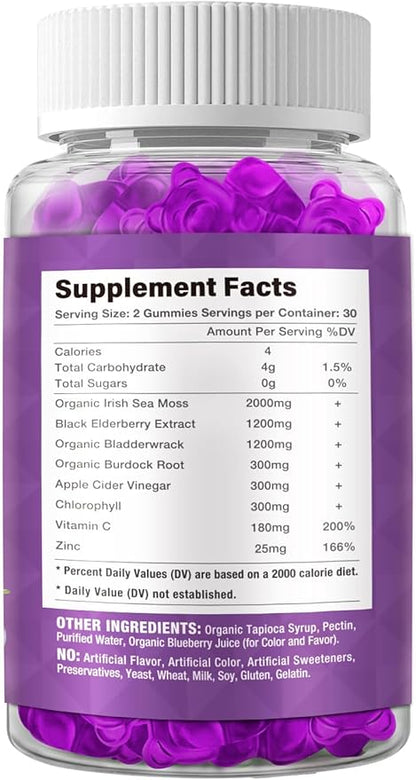 Sea Moss Gummies & Elderberry - Vitamin C + Zinc – Strength Immune & Thyroid Support Booster Gummy Bears for Kids & Adults - 60 Natural Seamoss Gummies