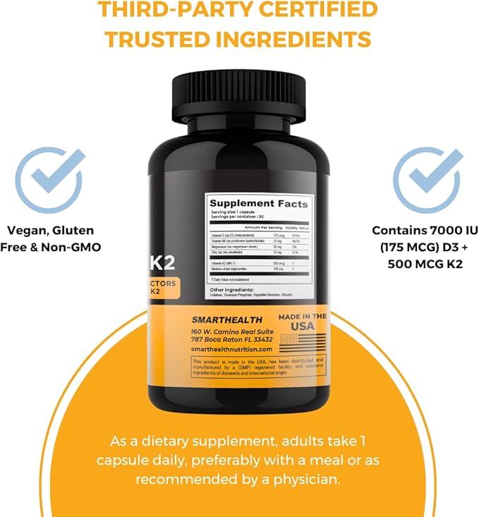 Vitamin D3 + K2 - Bone Health & Immune Support - 7000 IU(175 MCG)D3 + 500 MCG K2 - Cofactors B6, Magnesium & Zinc - Gluten Free, Vegan, Non-GMO - Dietary Supplement - 30 Veggie Capsules