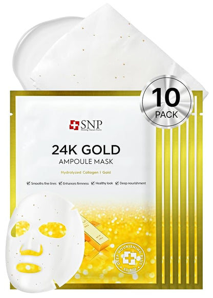 [K Beauty] 24K Gold Ampoule Sheet Mask | Collagen Face Masks Skincare | For Tightening, Hydrating, and Nourishing | Korean Skin Care | Overnight Face Masks | Moisturizing Sheet Mask | 10 Sheets
