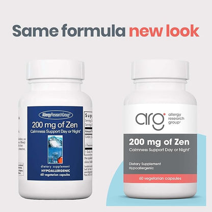 Allergy Research Group 200 mg of Zen Supplement - Calmness Support, Day or Night, GABA, L-Theanine, Hypoallergenic, Vegetarian Capsules - 60 Count