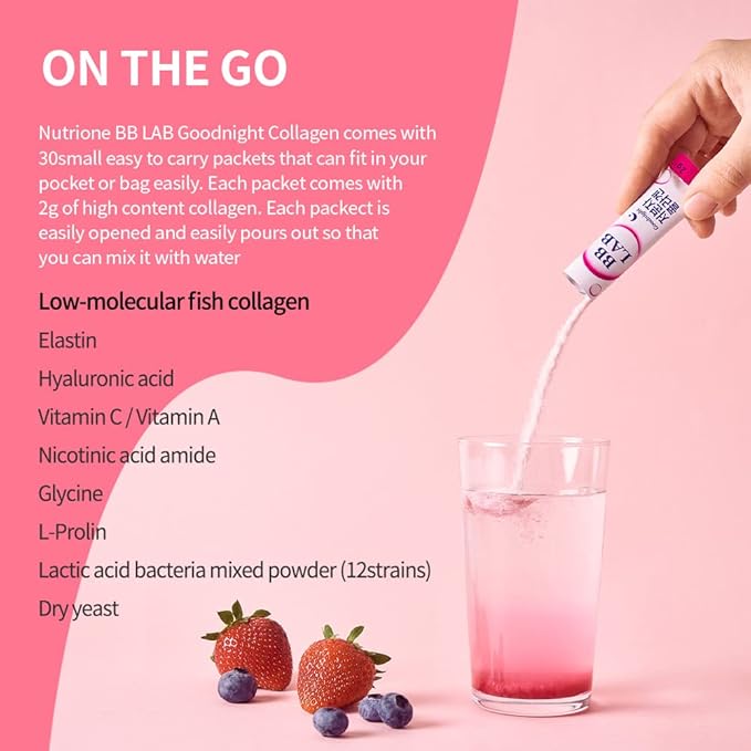 BB LAB Good Night Collagen, Low Molecular Collagen Powder Stick Supplement, Marine Collagen, Fish Collagen, Vitamin C, Hyaluronic Acid, 17 Probiotics, Fast Absorption, Mix Berry Flavor (Pack of 3)