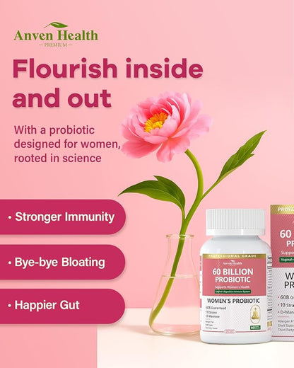 Probiotics for Women Digestive Health - 60 Billion Vaginal Probiotic Organic Prebiotics with Cranberry & D-Mannose for Gut, Urinary, Immune Health, Vegan & Non-GMO | 180 Capsules