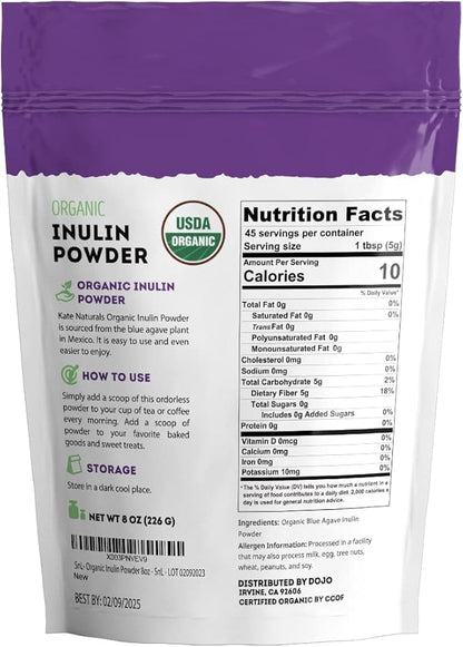 Kate Naturals Inulin Powder Organic from Blue Agave (8oz) Soluble Prebiotic Fiber for Coffee, Yogurt & Smoothies