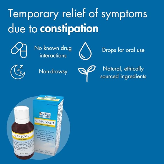Guna Bowel Homeopathic Medicine for Constipation Abdominal Bloating, Discomfort, Irregular Bowel Movements - 1 Ounce