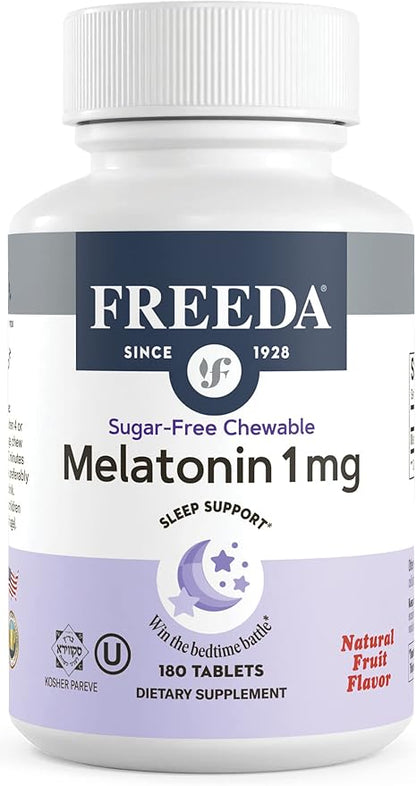 FREEDA Melatonin 1mg Sugar-Free Chewables – Gentle Sleep Aid for Adults & Kids – Vegan, Kosher, Gluten-Free, Non-GMO, Travel-Friendly – 180 Tablets