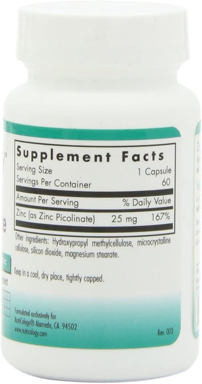 Nutricology Zinc Picolinate Supplement - Supports Normal Health Immune Response, Highly Bioavailable, Well-Absorbed, Hypoallergenic, Vegetarian Capsules - 60 Count