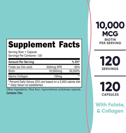 Nutricost Biotin for Women 10,000mcg 120 Capsules - with Folate & Collagen, Gluten Free & Non-GMO