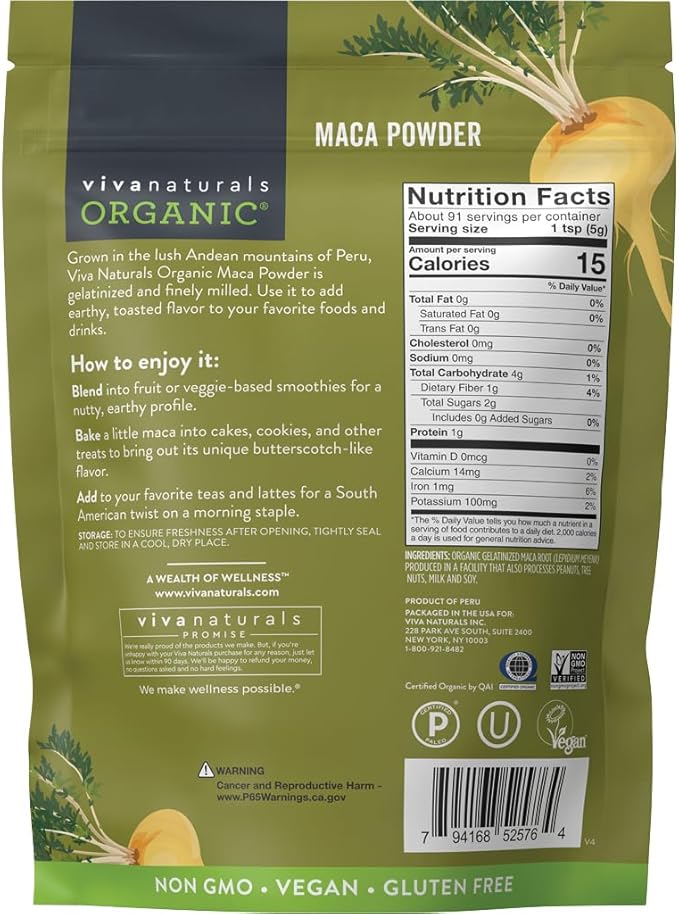 Viva Naturals Organic Maca Powder - Gelatinized Maca Powder for Easier Digestion, Vegan and Kosher Peruvian Superfood - Certified USDA Organic, Gluten-Free & Non-GMO, 1 lb Resealable Bag