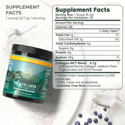 Primal Harvest Keto Collagen Powder w/MCT Oil Type I & III Collagen Peptides for Women and Men 30 Servings