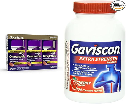 GoodSense Omeprazole Tablets 20 mg 14 Count (3 Pack) and Gaviscon Extra Strength Cherry Chewable Tablets Heartburn Relief 100 Count