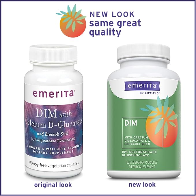 Emerita by Life-flo DIM Supplement, Balancing Support for Women with 100mg DIM Plus Calcium D-Glucarate and Broccoli Seed Extract, 60-Day Guarantee, Not Tested on Animals, 30 Servings, 60 VegCaps