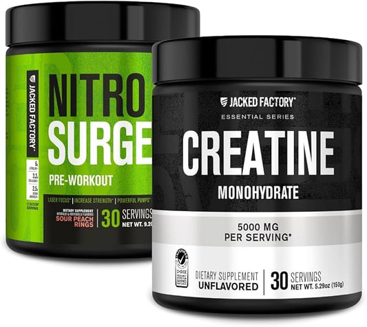 Jacked Factory NITROSURGE Pre Workout Supplement - Instant Strength Gains & Intense Pumps (30 Servings, Sour Peach Rings) & Creatine Monohydrate for Muscle Growth (30 Servings, Unflavored)