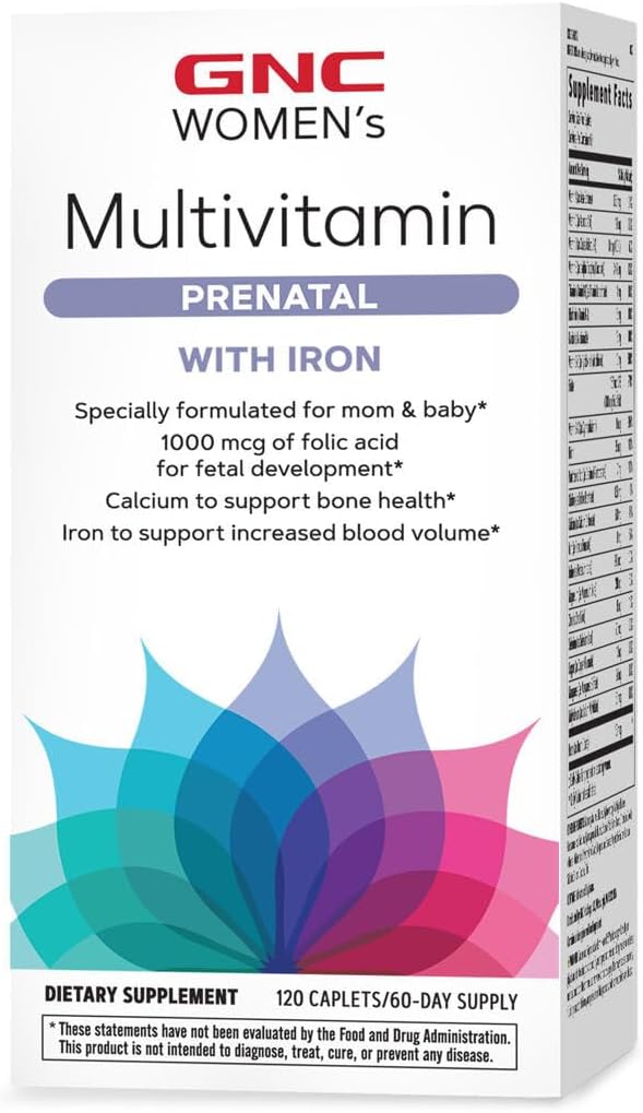GNC Women's Prenatal Multivitamin Formula with Iron | Supports Pregnancy and Healthy Baby Development | Essential Nutrients Folic Acid, Zinc, Calcium Plus B Vitamins | 120 Caplets