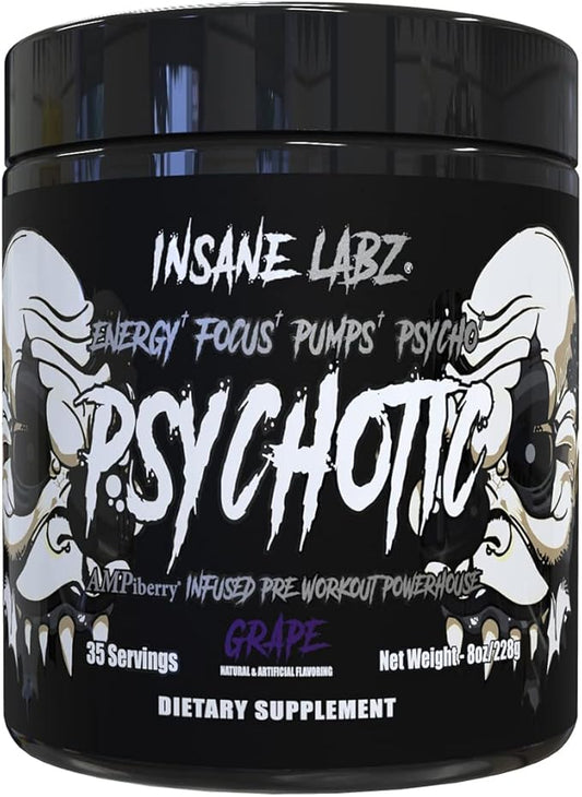 Insane Labz Psychotic Black Edition Mid Stimulant Pre Workout Powder, Energy Focus Pumps, Loaded with Creatine Beta Alanine Taurine Fueled by AMPiberry, 35 Servings (Grape)
