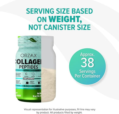 ORZAX Collagen Peptides Powder - 11 g Collagen Type I & III, Biotin & Hyaluronic Acid, 16 oz (Unflavored)